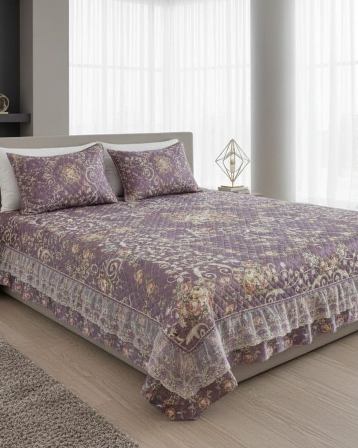 Plum Paisley Printed Silk Bedspread Set – 3 Piece – room view