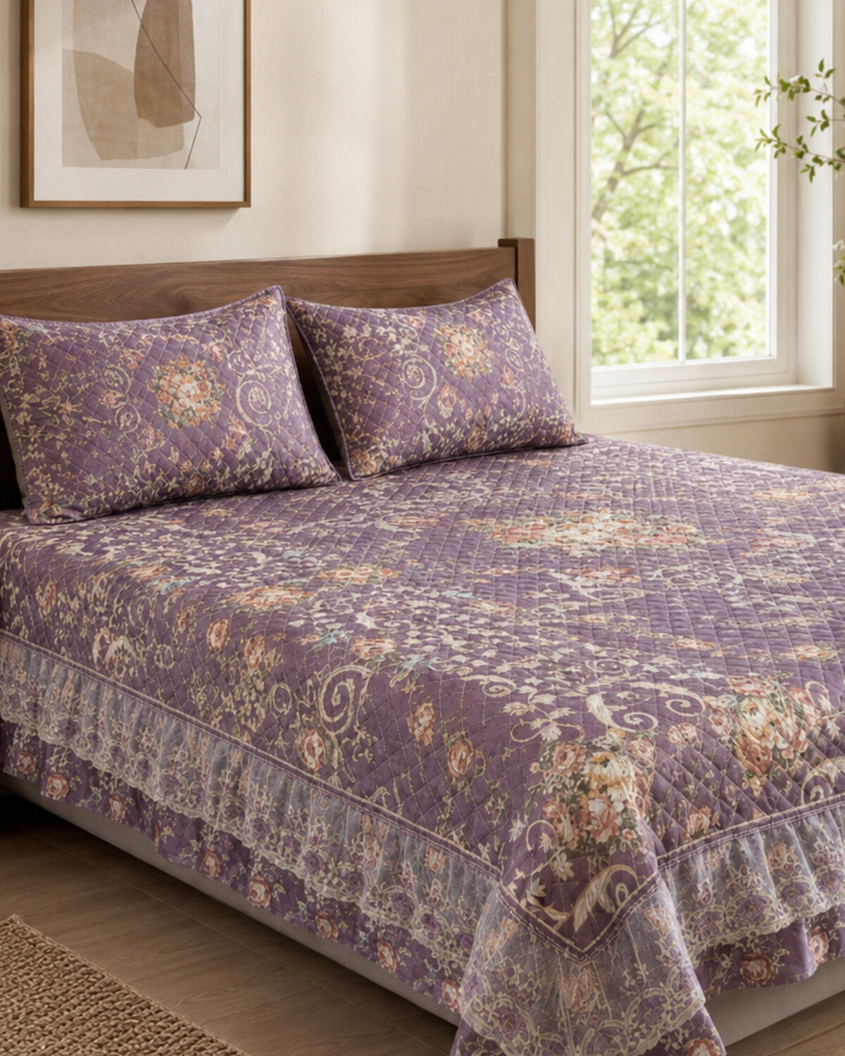 Plum Paisley Printed Silk Bedspread Set – 3 Piece – pattern detail