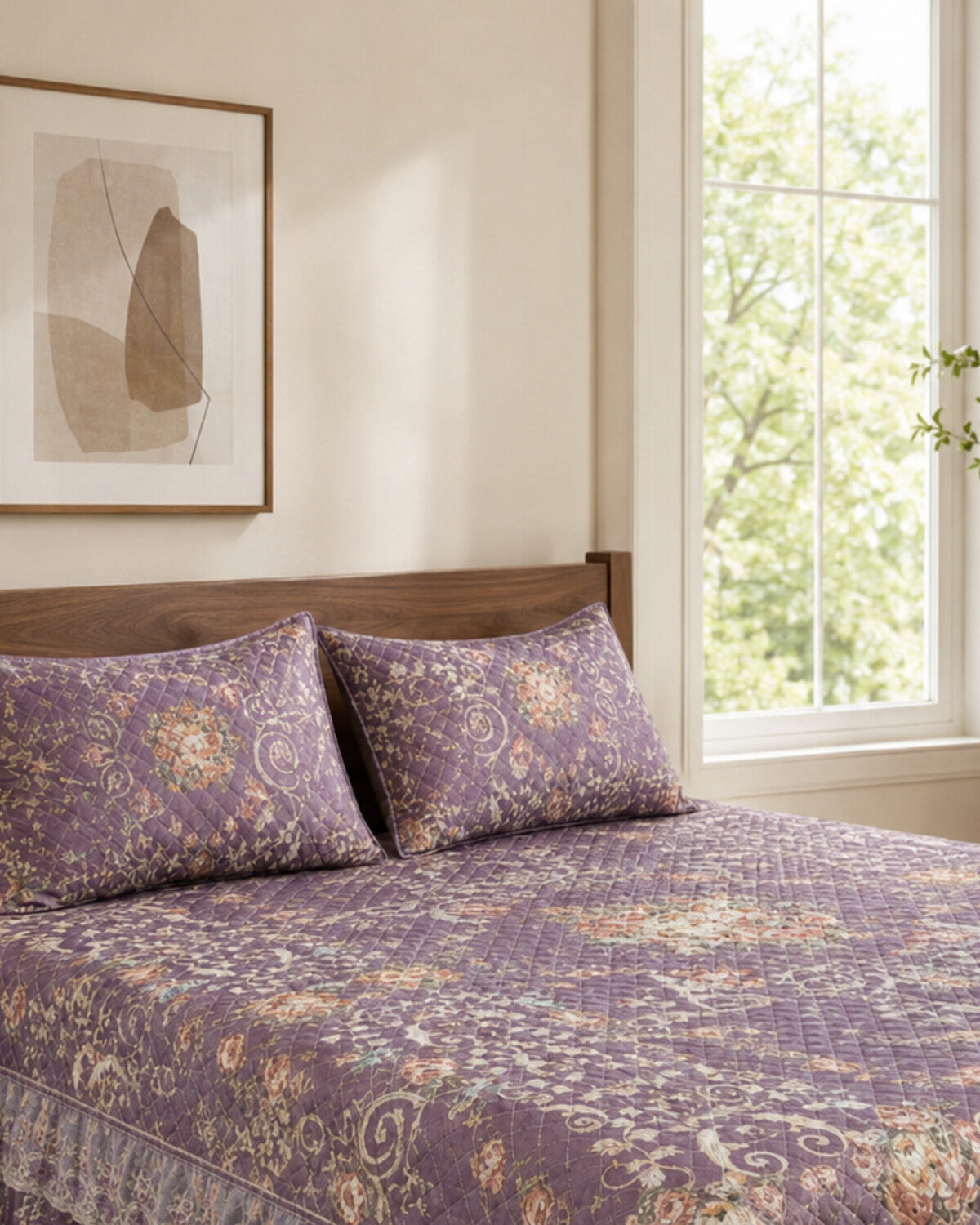 Plum Paisley Printed Silk Bedspread Set – 3 Piece – pillow detail