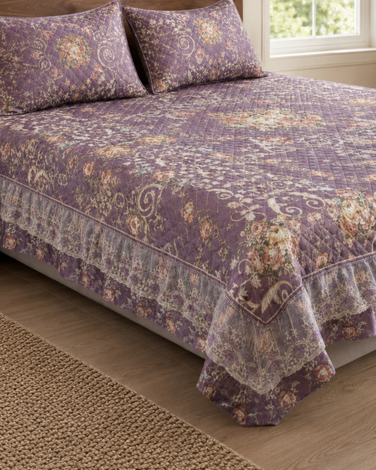 Plum Paisley Printed Silk Bedspread Set – 3 Piece – border and fabric detail