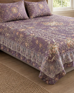 Plum Paisley Printed Silk Bedspread Set – 3 Piece – border and fabric detail