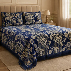 Royal Blue Botanical Stripe Velvet Jacquard Bedsheet Set – 4 Piece — foot-corner drape angle