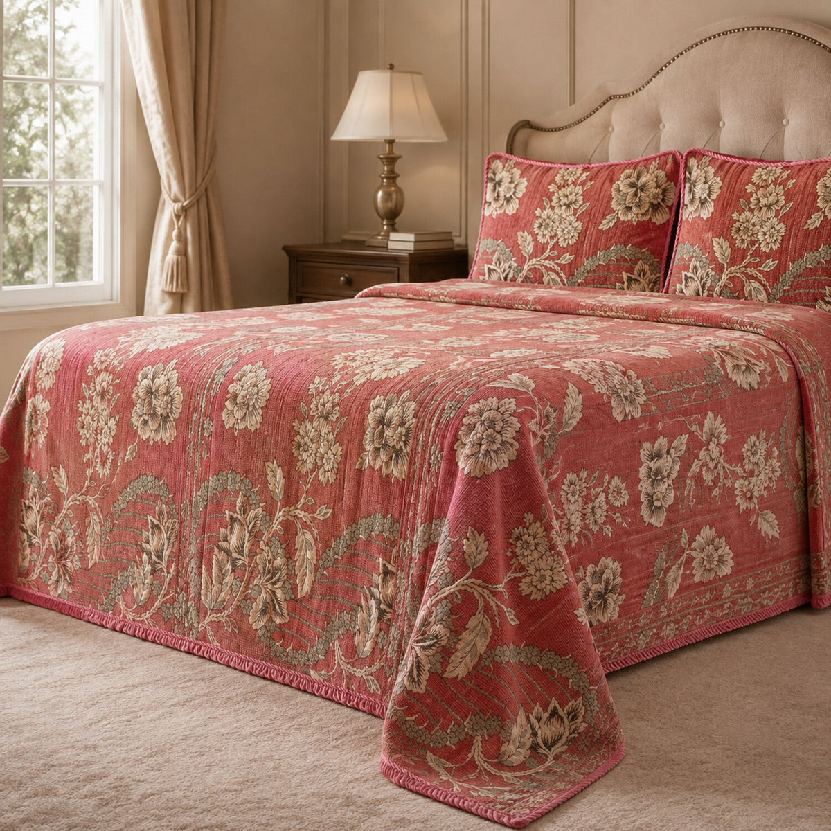 Coral Rose Botanical Stripe Velvet Jacquard Bedsheet Set – 4 Piece — foot-corner drape angle