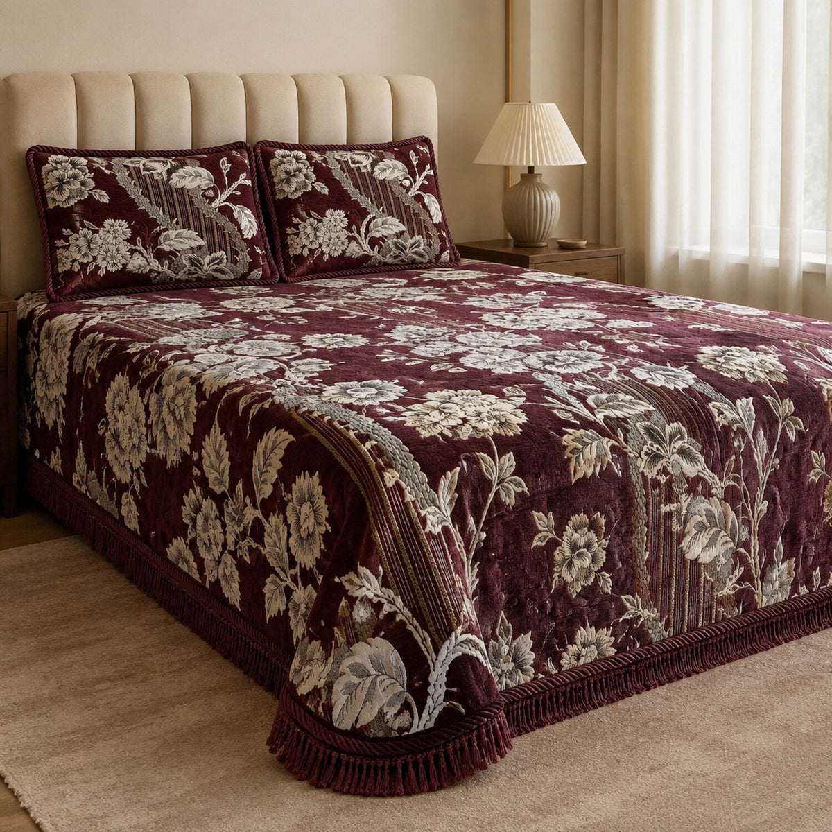 Wine Maroon Botanical Stripe Velvet Jacquard Bedsheet Set – 4 Piece — foot-corner drape angle