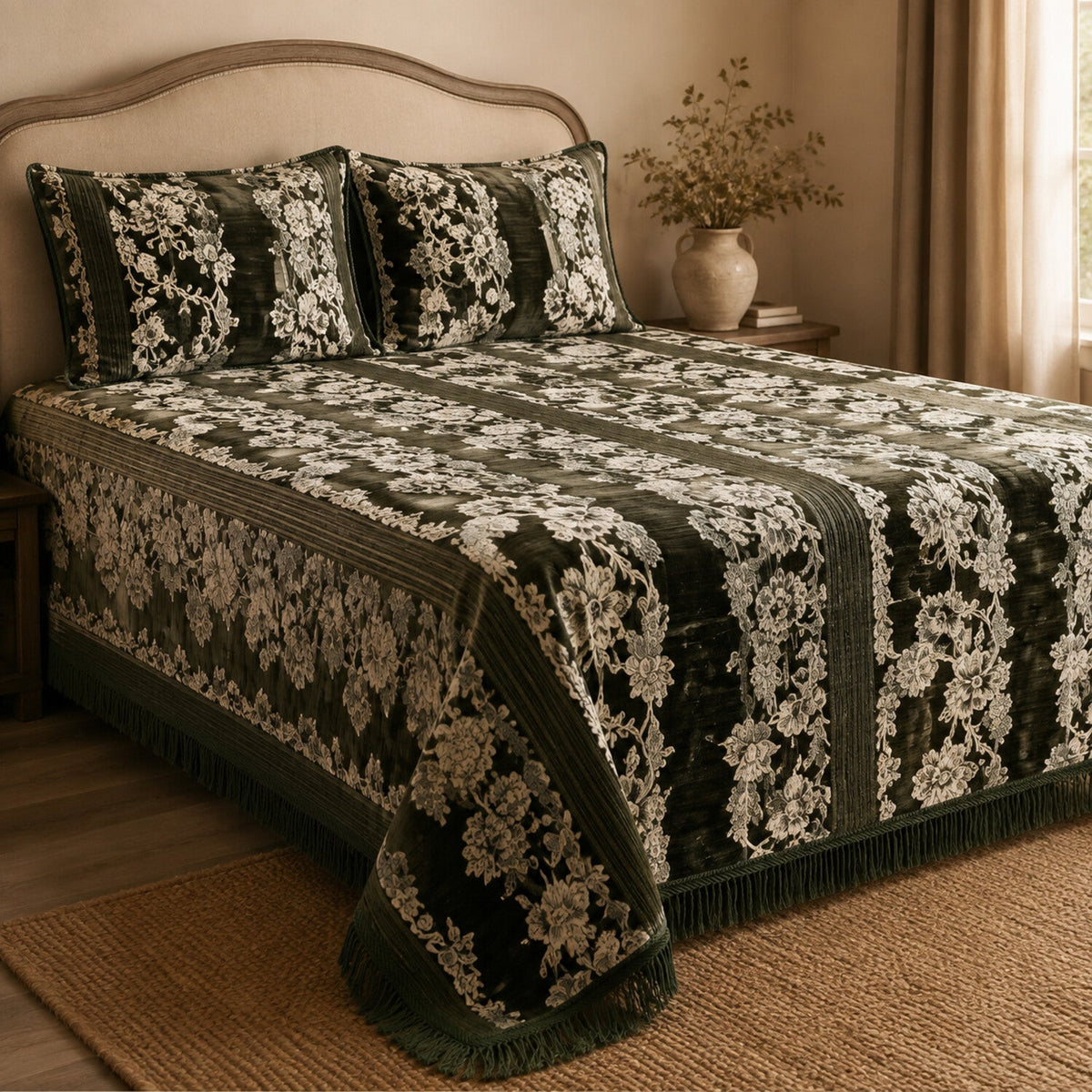 Dark Olive Botanical Stripe Velvet Jacquard Bedsheet Set – 4 Piece — foot-corner drape angle