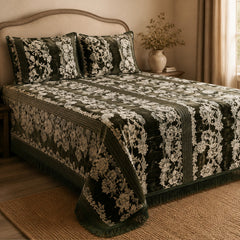 Dark Olive Botanical Stripe Velvet Jacquard Bedsheet Set – 4 Piece — foot-corner drape angle