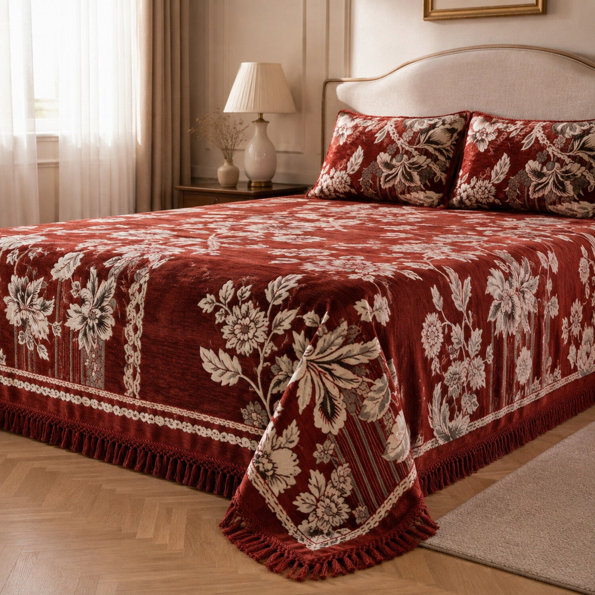 Rust Red Botanical Stripe Velvet Jacquard Bedsheet Set – 4 Piece — foot-corner drape angle