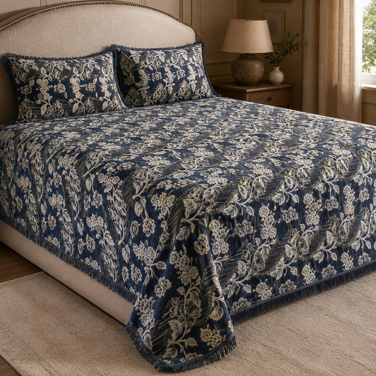 Slate Blue Botanical Stripe Velvet Jacquard Bedsheet Set – 4 Piece — foot-corner drape angle