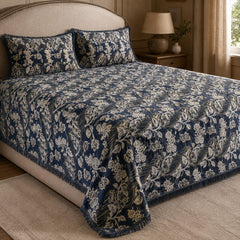 Slate Blue Botanical Stripe Velvet Jacquard Bedsheet Set – 4 Piece — foot-corner drape angle