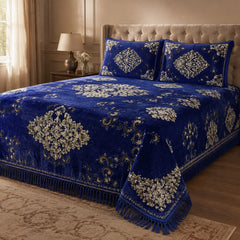 Royal Blue Imperial Medallion Velvet Jacquard Bedsheet Set – 4 Piece — foot-corner drape angle