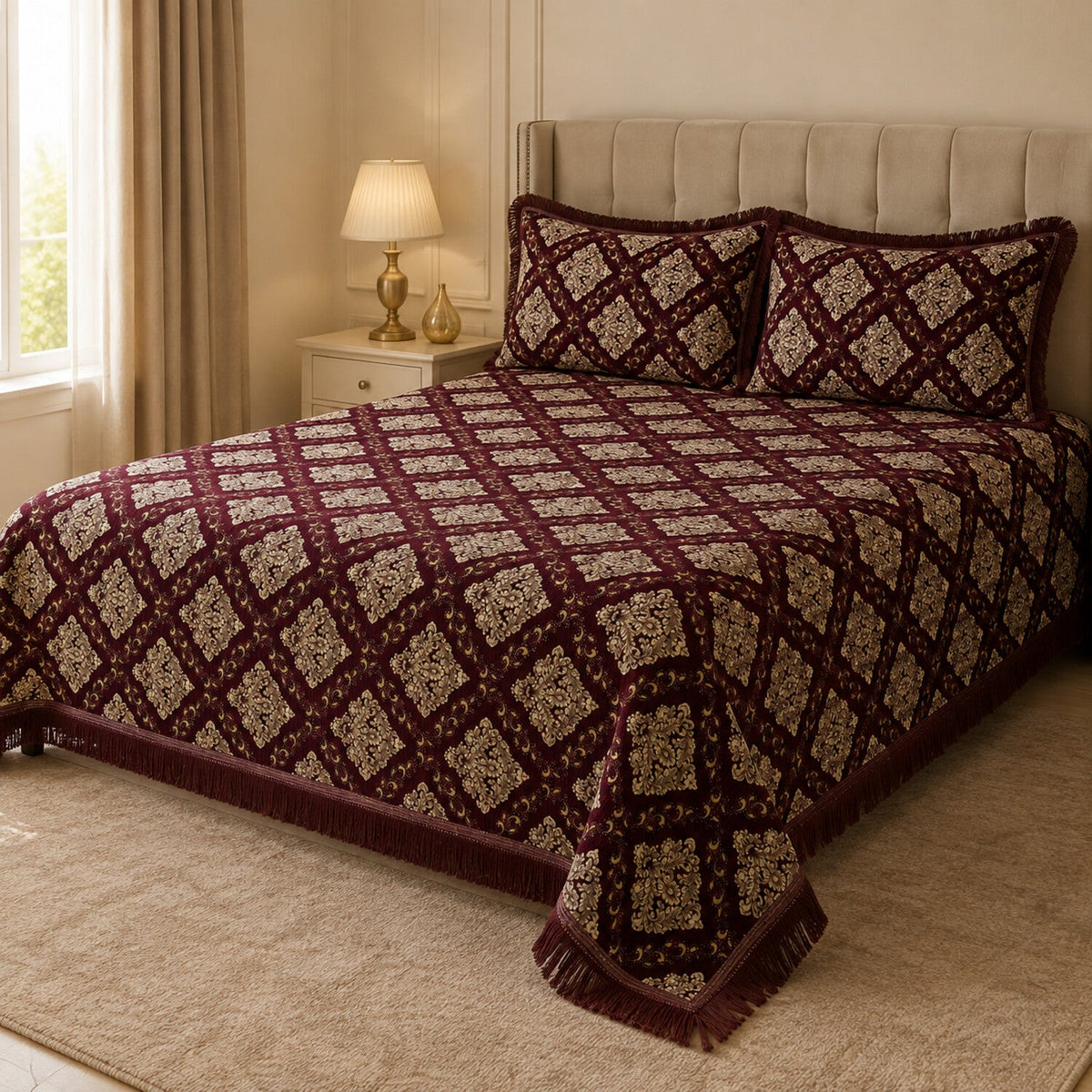 Burgundy Imperial Medallion Velvet Jacquard Bedsheet Set – 4 Piece — foot-corner drape angle
