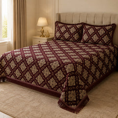 Burgundy Imperial Medallion Velvet Jacquard Bedsheet Set – 4 Piece — foot-corner drape angle