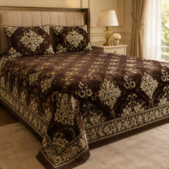 Cocoa Brown Imperial Medallion Velvet Jacquard Bedsheet Set – 4 Piece — foot-corner drape angle