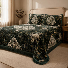 Forest Green Imperial Medallion Velvet Jacquard Bedsheet Set – 4 Piece — foot-corner drape angle