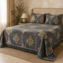 Smoke Grey Imperial Medallion Velvet Jacquard Bedsheet Set – 4 Piece — foot-corner drape angle