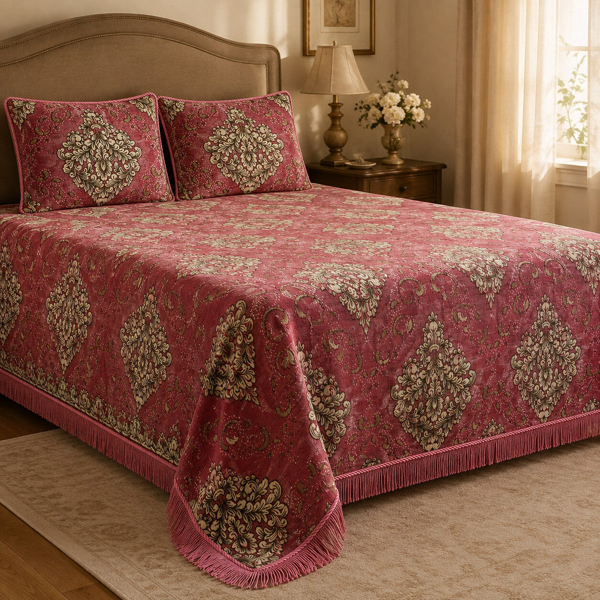 Rose Imperial Medallion Velvet Jacquard Bedsheet Set – 4 Piece — foot-corner drape angle