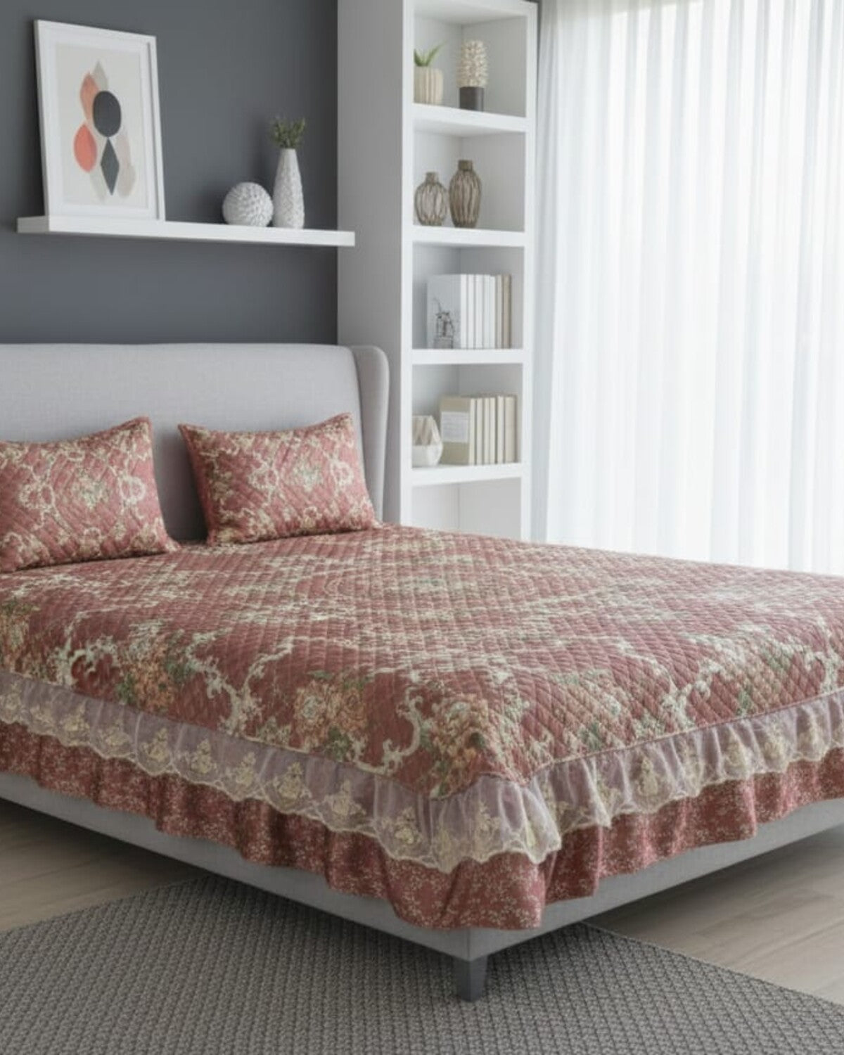 Rosewood Damask Printed Silk Bedspread Set – 3 Piece – room view