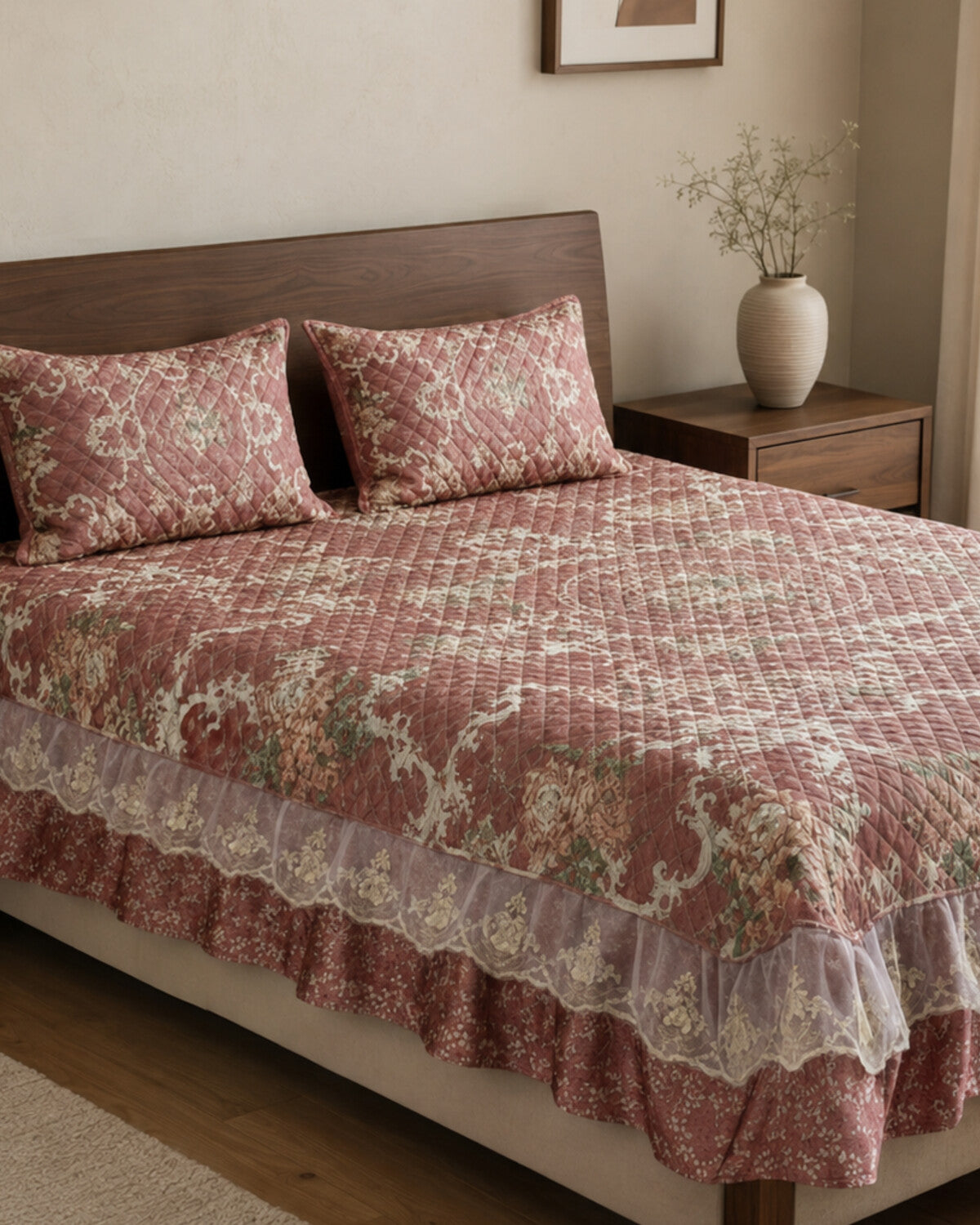 Rosewood Damask Printed Silk Bedspread Set – 3 Piece – pattern detail