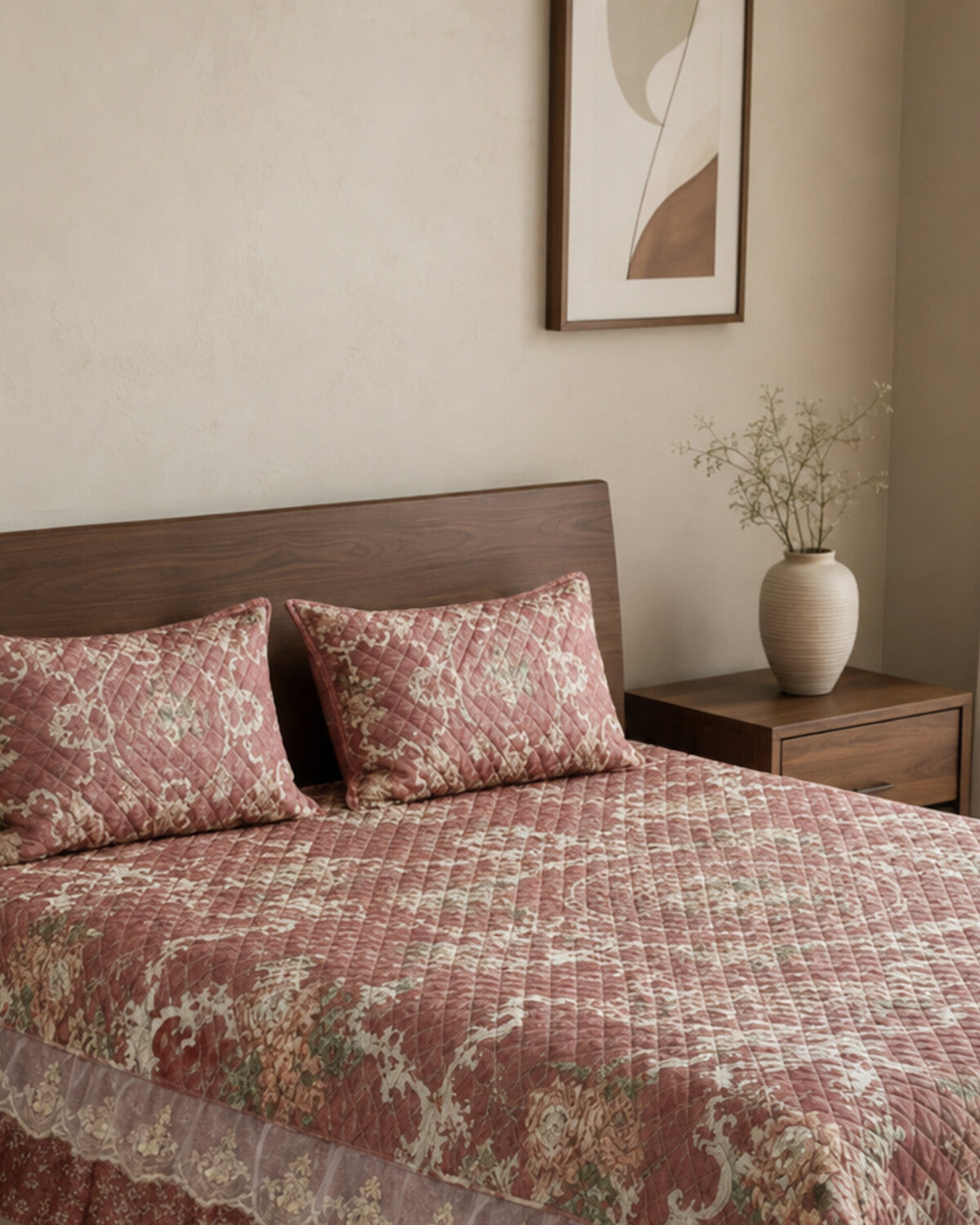 Rosewood Damask Printed Silk Bedspread Set – 3 Piece – pillow detail