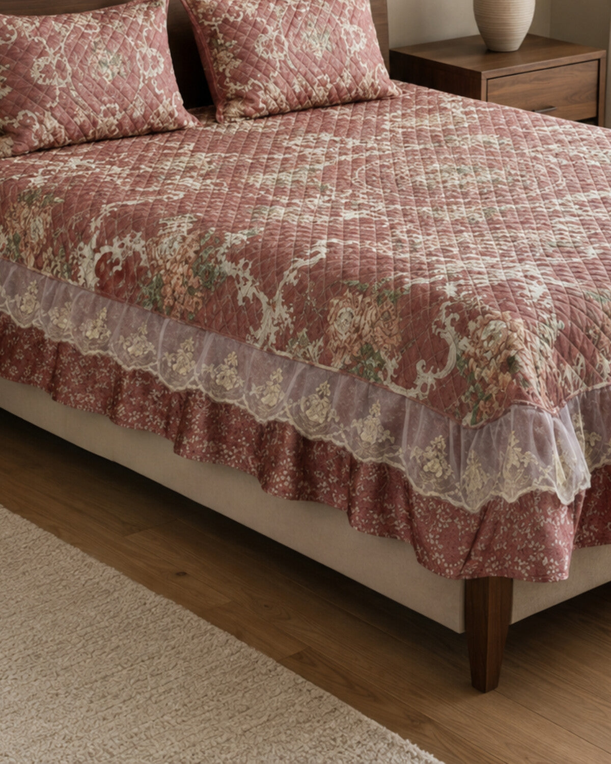 Rosewood Damask Printed Silk Bedspread Set – 3 Piece – border and fabric detail