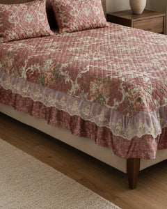 Rosewood Damask Printed Silk Bedspread Set – 3 Piece – border and fabric detail