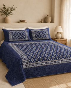 Royal Blue Diamond Lattice Velvet Jacquard Bedsheet Set – 4 Piece
