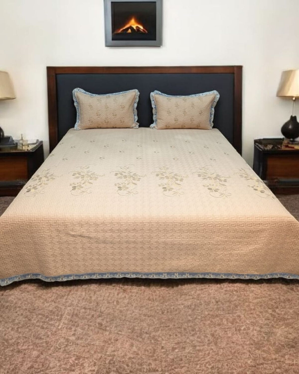 Sand Blossom Embroidered Cotton Bedspread Set – 3 Piece – room view