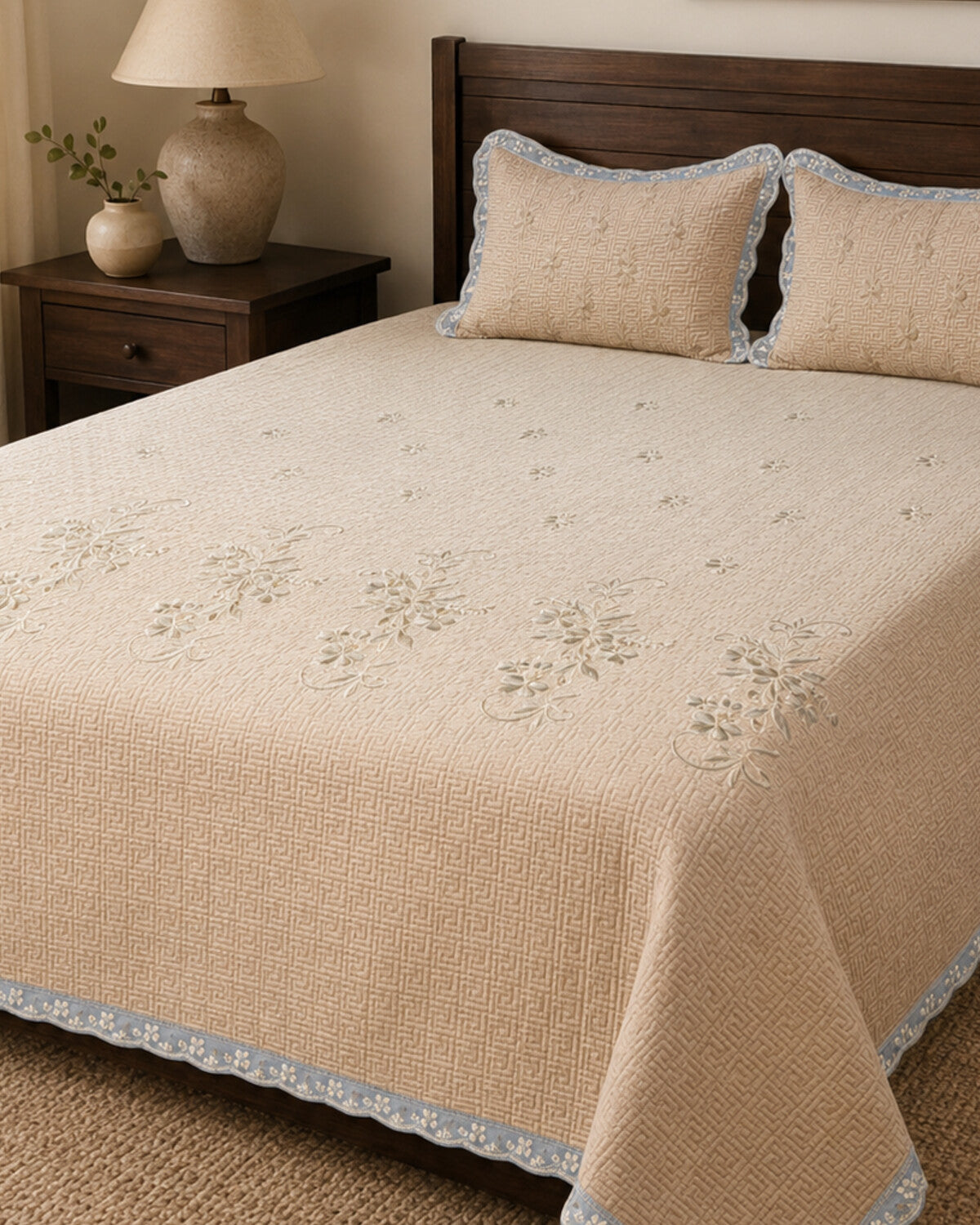 Sand Blossom Embroidered Cotton Bedspread Set – 3 Piece – pattern detail