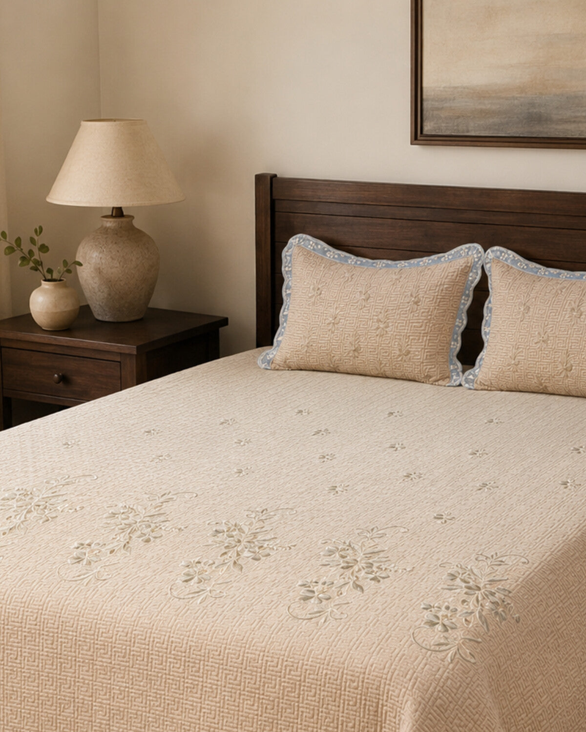Sand Blossom Embroidered Cotton Bedspread Set – 3 Piece – pillow detail