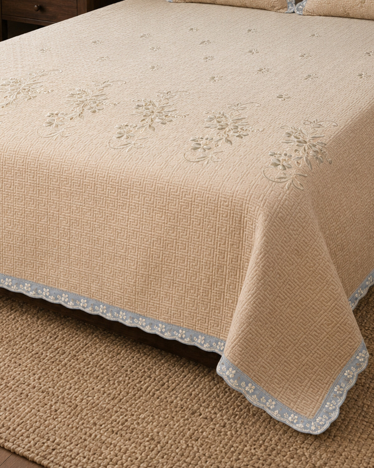 Sand Blossom Embroidered Cotton Bedspread Set – 3 Piece – border and fabric detail
