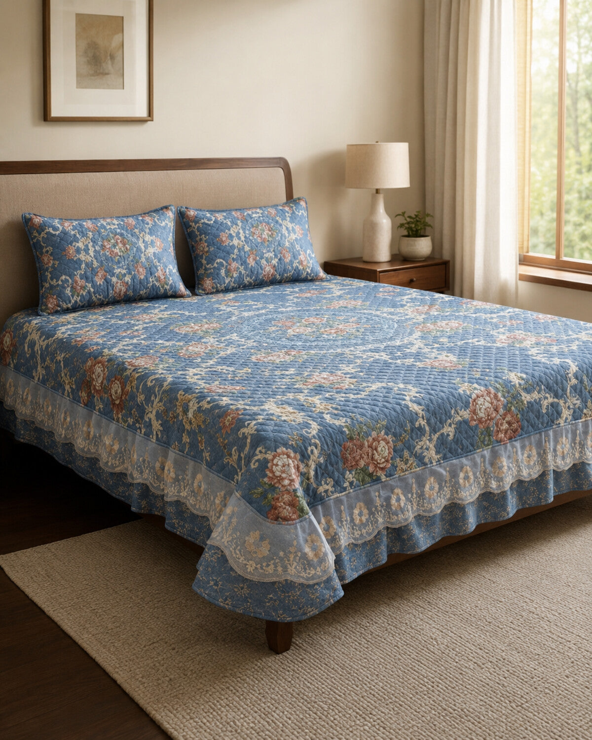 Sapphire Garden Printed Silk Bedspread Set – 3 Piece – hero view