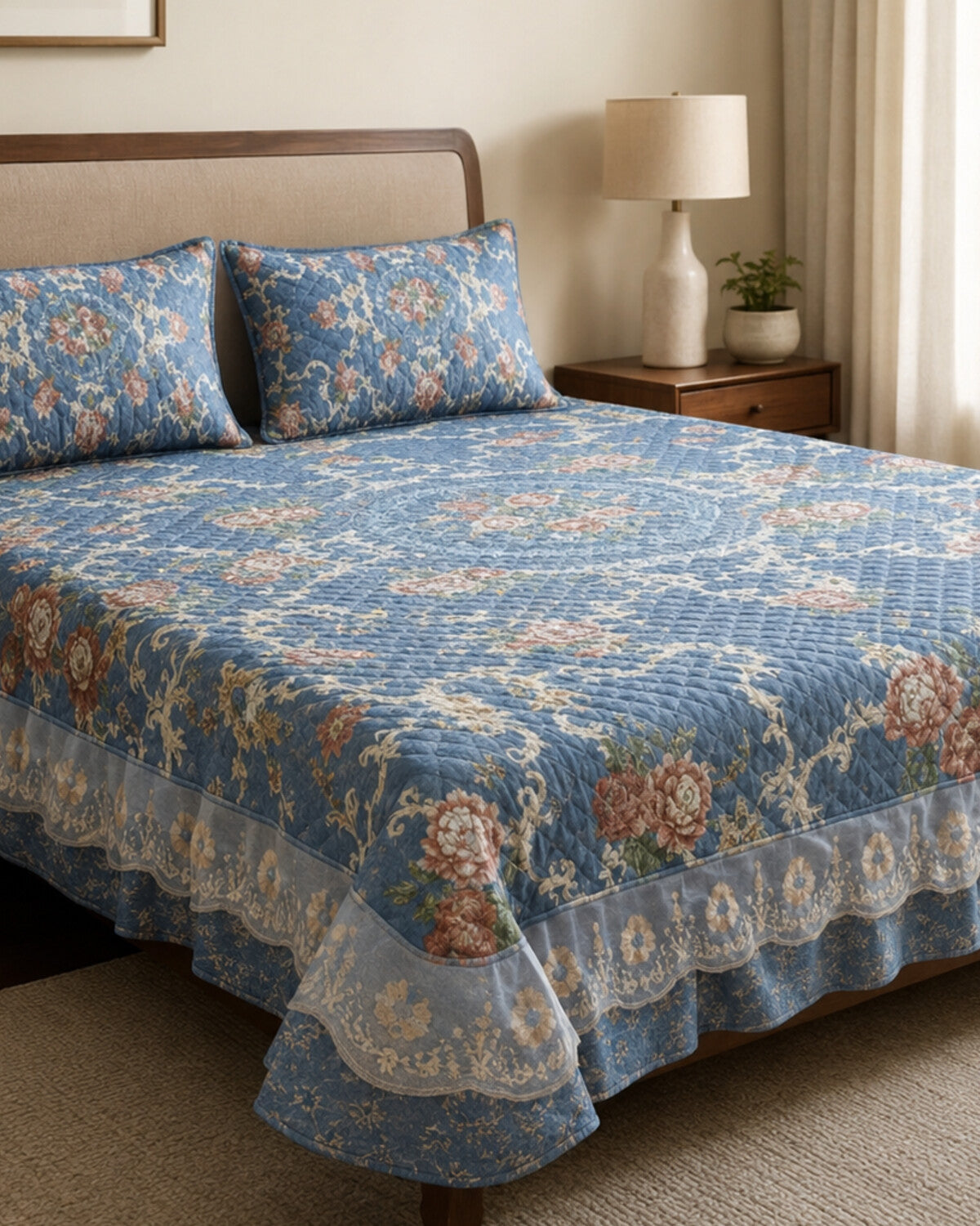 Sapphire Garden Printed Silk Bedspread Set – 3 Piece – pattern detail