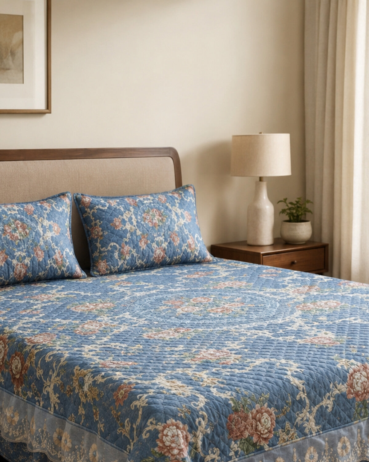Sapphire Garden Printed Silk Bedspread Set – 3 Piece – pillow detail