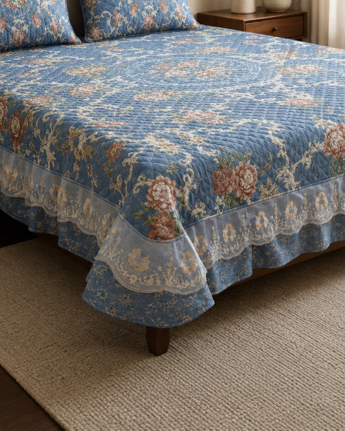 Sapphire Garden Printed Silk Bedspread Set – 3 Piece – border and fabric detail