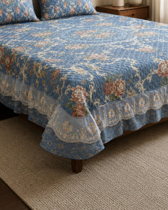 Sapphire Garden Printed Silk Bedspread Set – 3 Piece – border and fabric detail