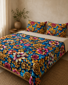 Sapphire Gilded Bloom 3D digital print king bedsheet set with two pillow covers