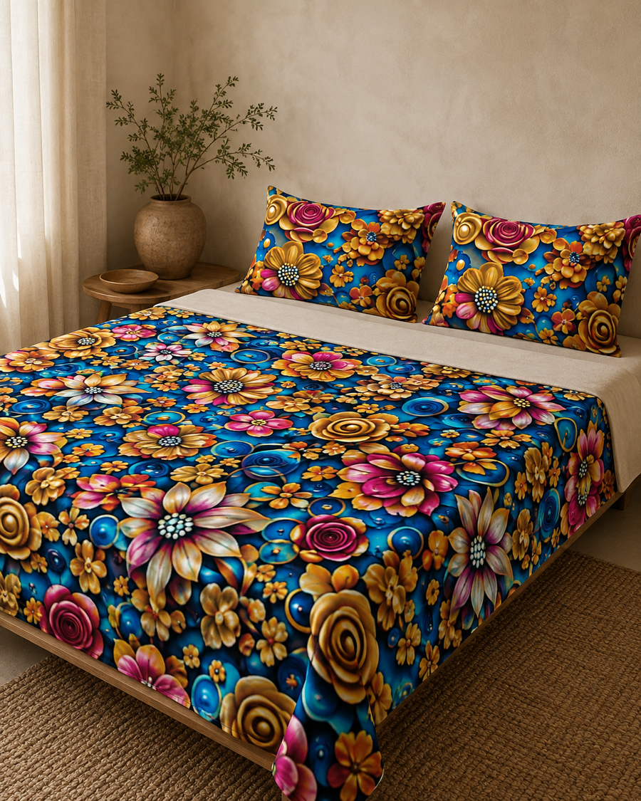 Sapphire Gilded Bloom 3D digital print king bedsheet set with two pillow covers
