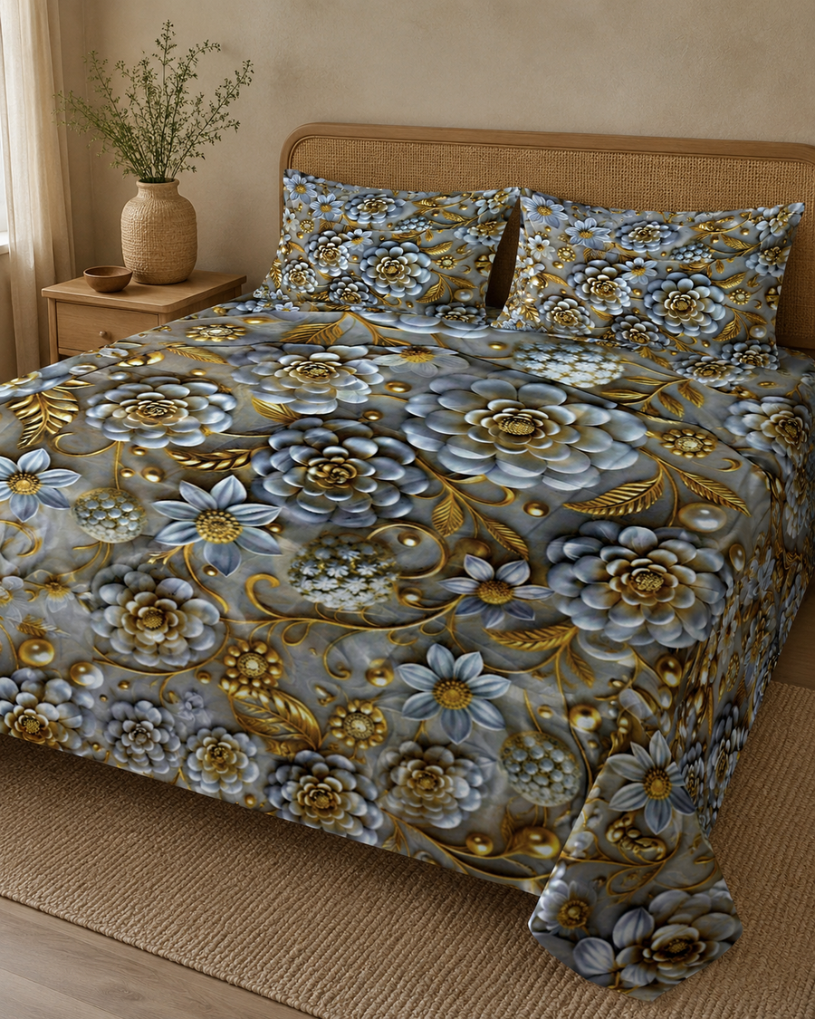 Silver Gilded Rosette 3D digital print king bedsheet set with two pillow covers