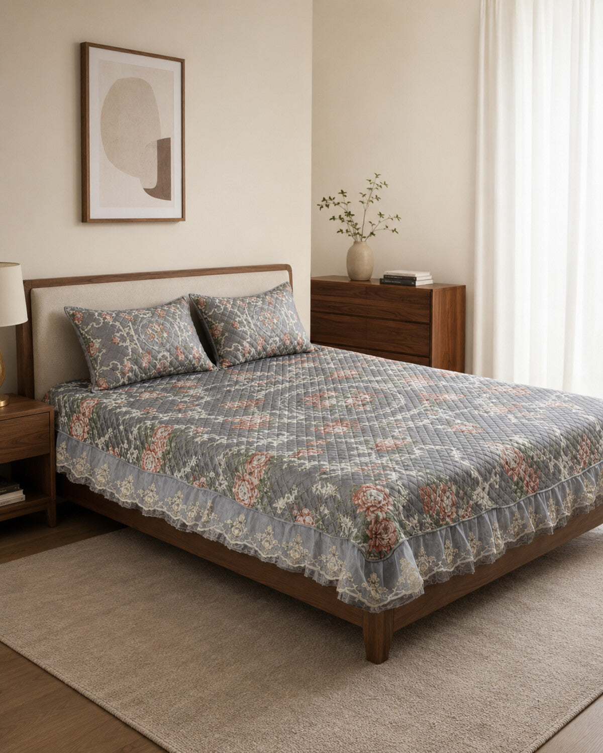 Silver Rose Printed Silk Bedspread Set – 3 Piece – hero view