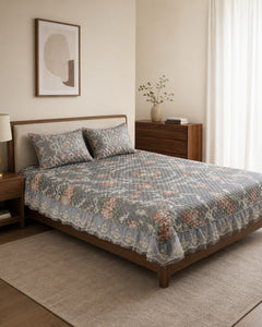 Silver Rose Printed Silk Bedspread Set – 3 Piece – hero view