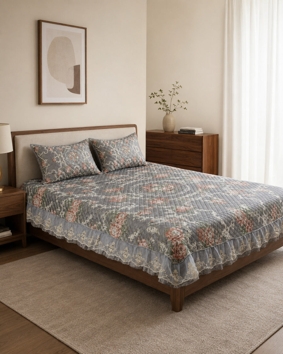 Silver Rose Printed Silk Bedspread Set – 3 Piece – hero view