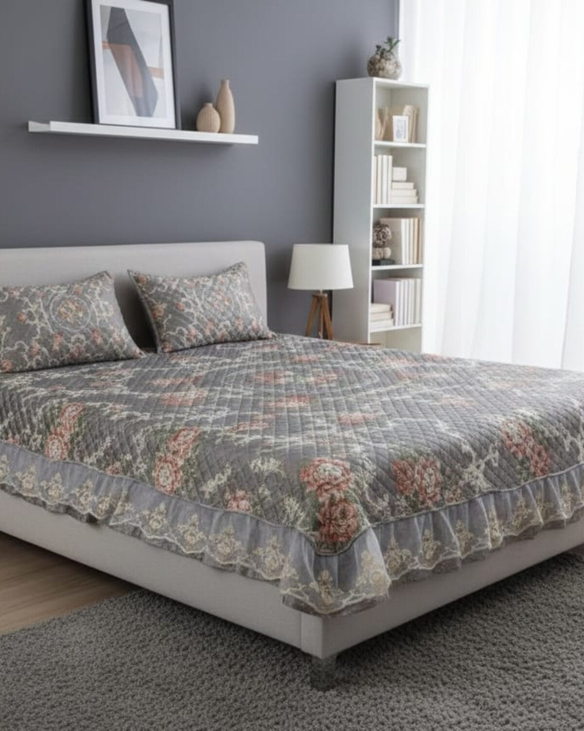 Silver Rose Printed Silk Bedspread Set – 3 Piece – room view