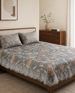 Silver Rose Printed Silk Bedspread Set – 3 Piece – pattern detail
