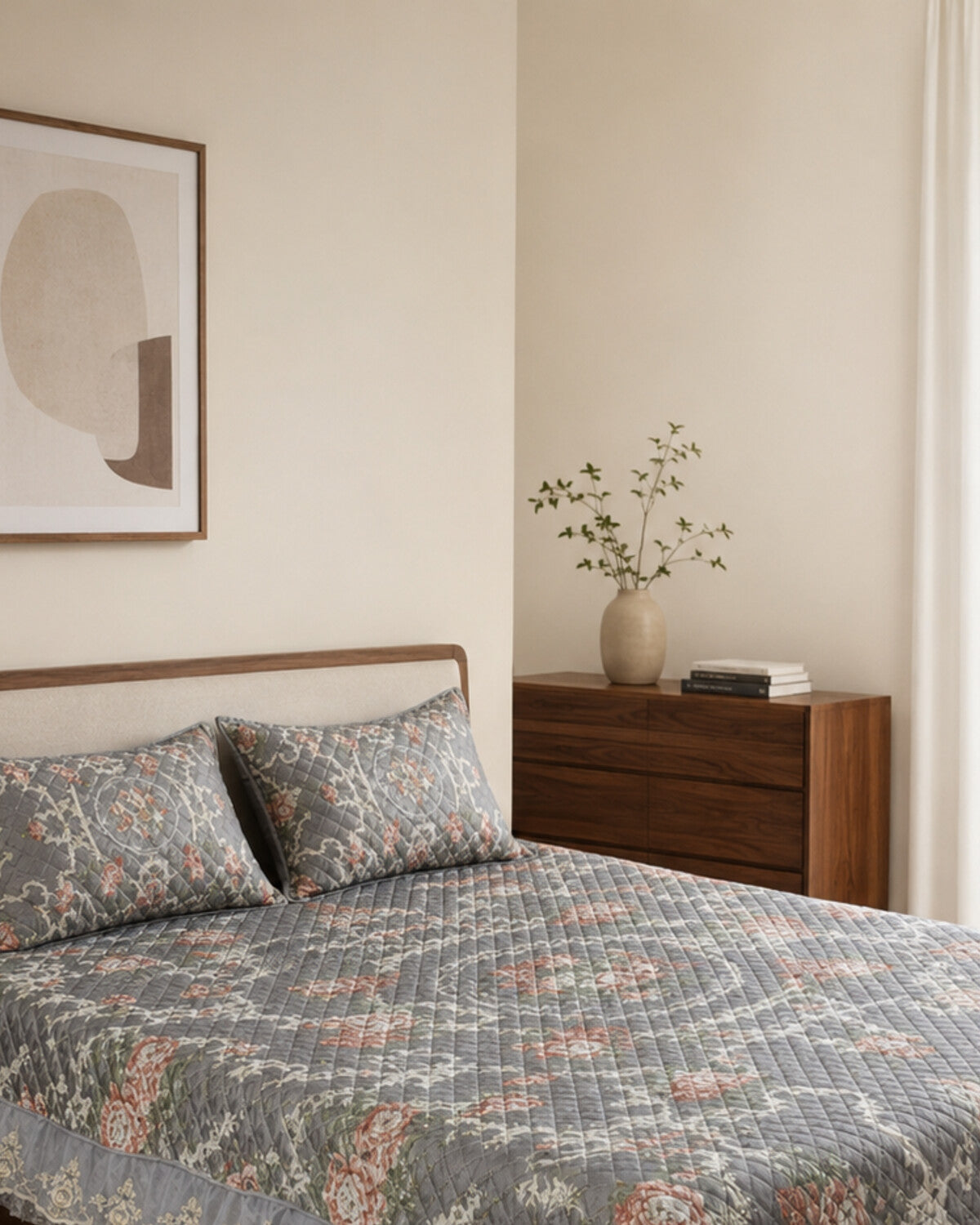 Silver Rose Printed Silk Bedspread Set – 3 Piece – pillow detail