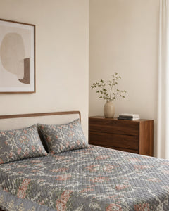 Silver Rose Printed Silk Bedspread Set – 3 Piece – pillow detail