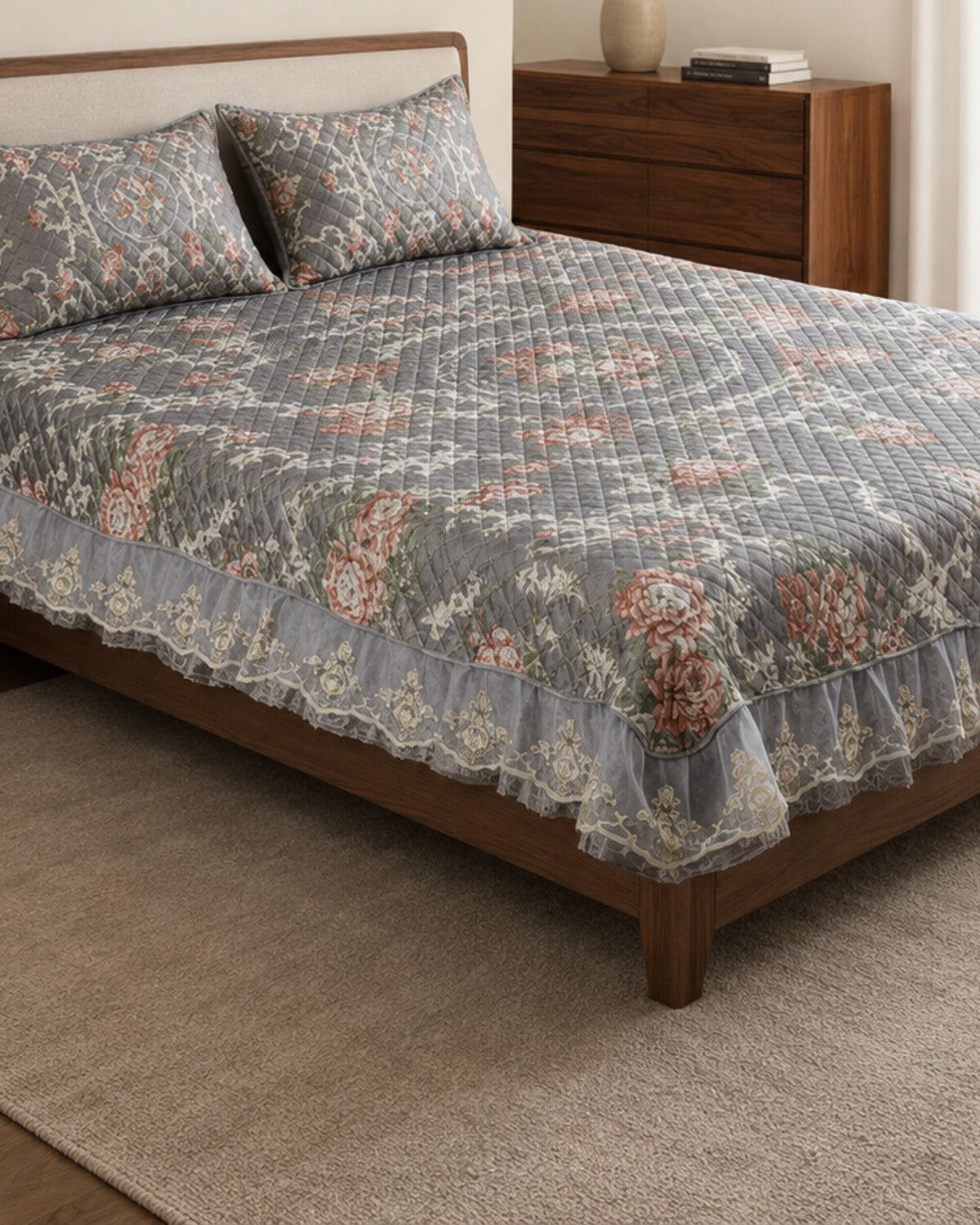 Silver Rose Printed Silk Bedspread Set – 3 Piece – border and fabric detail