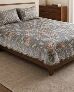 Silver Rose Printed Silk Bedspread Set – 3 Piece – border and fabric detail
