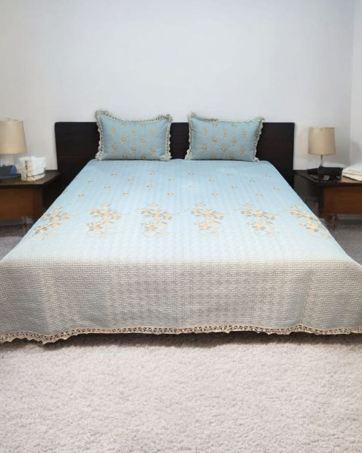 Sky Marigold Embroidered Cotton Bedspread Set – 3 Piece – room view