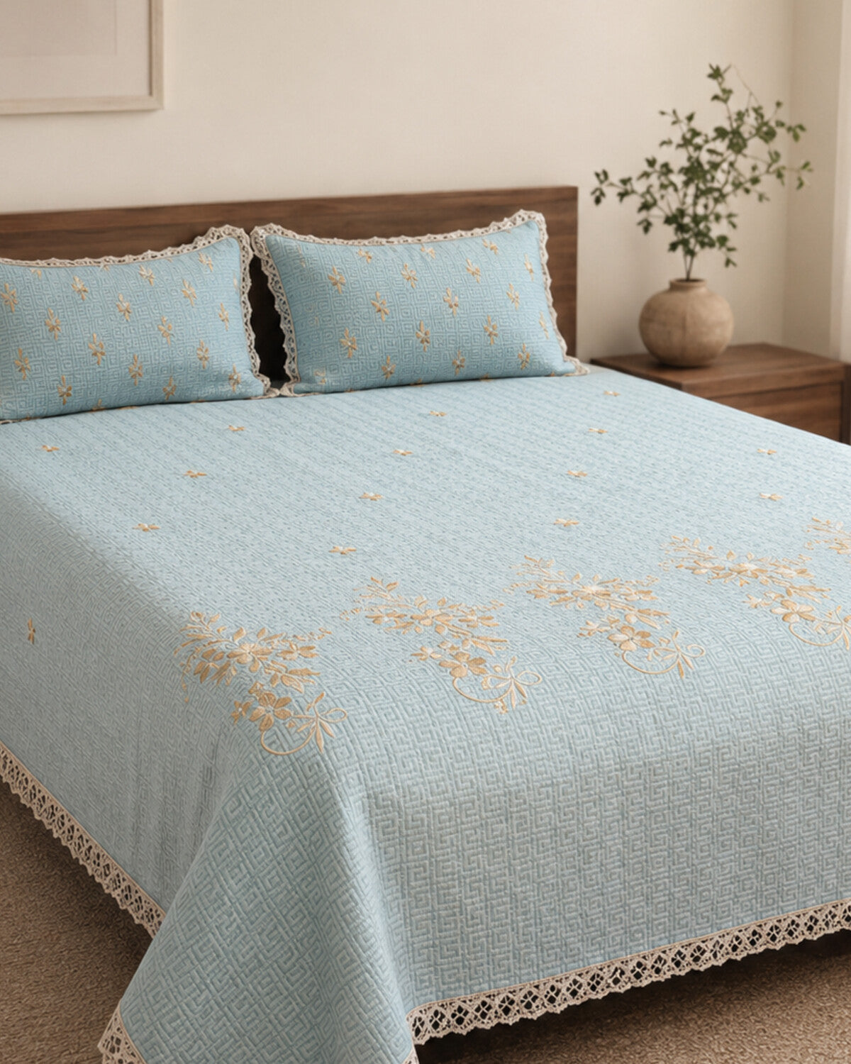 Sky Marigold Embroidered Cotton Bedspread Set – 3 Piece – pattern detail