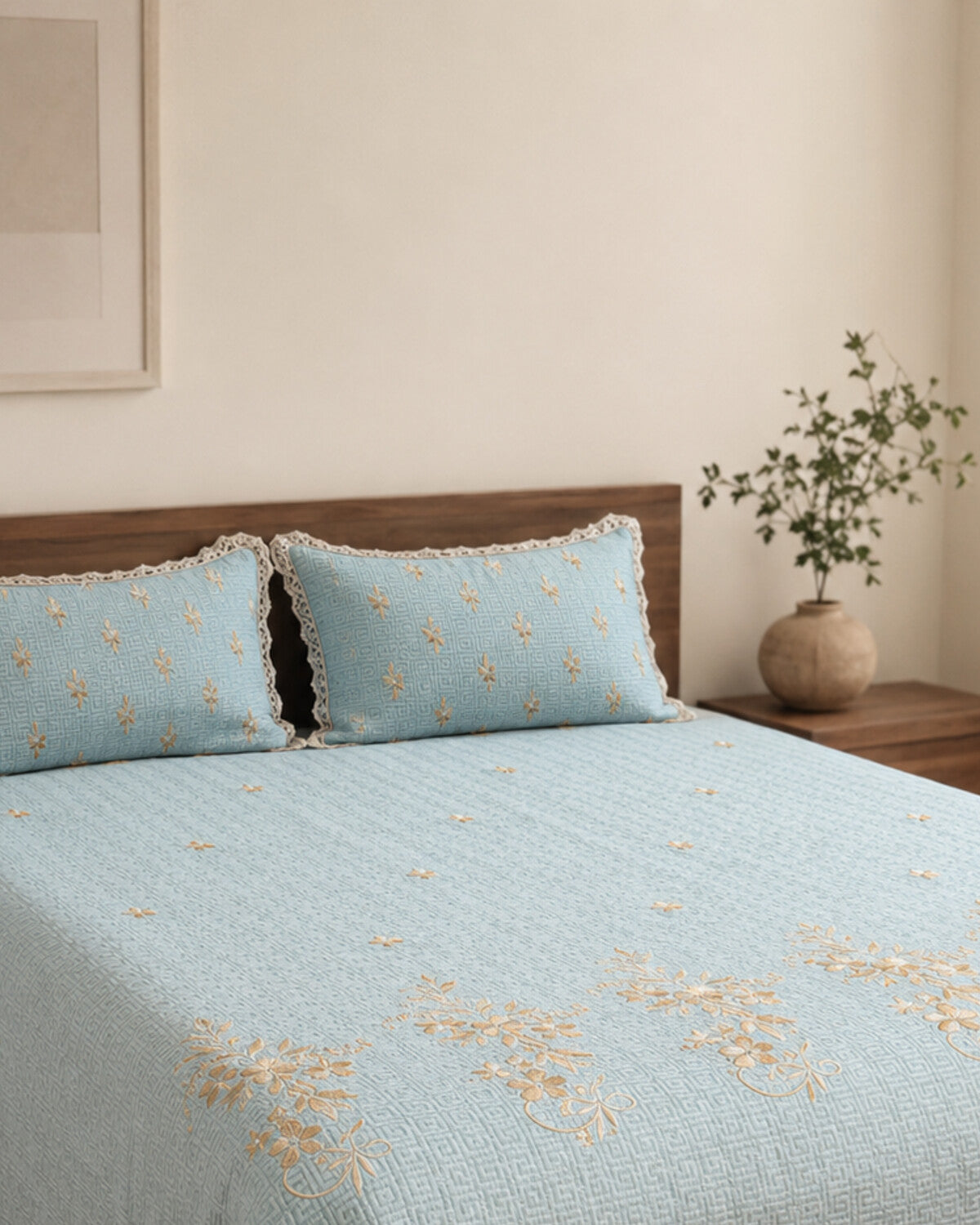 Sky Marigold Embroidered Cotton Bedspread Set – 3 Piece – pillow detail